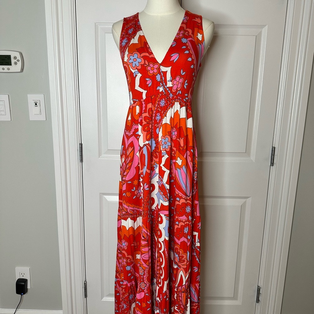 Boden Sleeveless Paisley Jersey Maxi Dress Sylvia Flame Scarlet Tier Size 4 - Picture 3 of 17